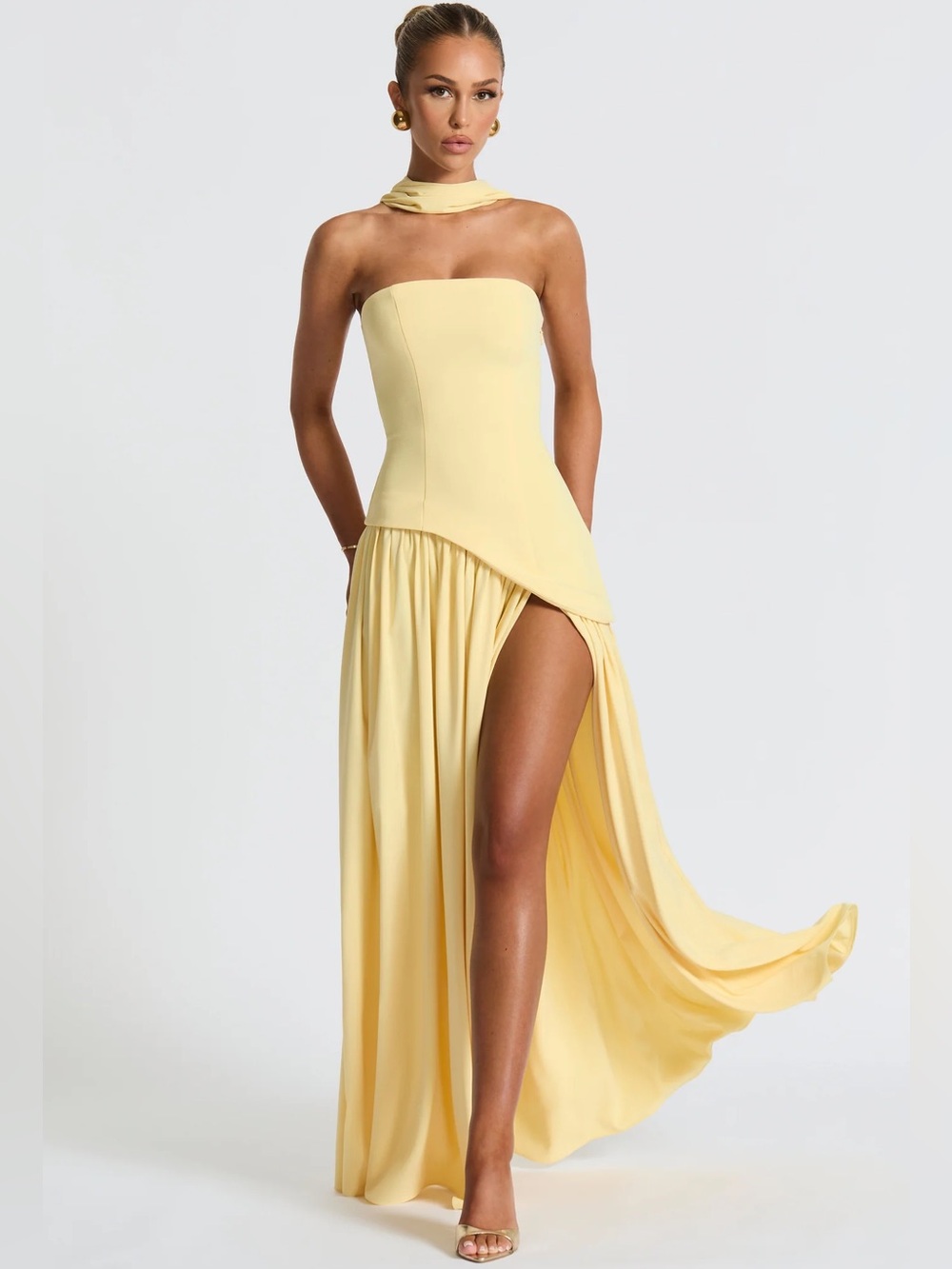 Strapless Pale Yellow High-Slit Evening Dress